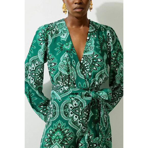 Karen Millen Petite Paisley Printed Morocain Woven Jumpsuit - Green 8 - Picture 2 of 12